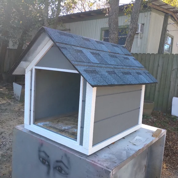 Custom dog house Gray color with white trim